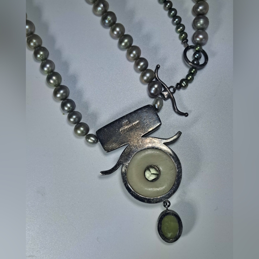 Vintage Tahitian Pearl Necklace With Sterling Silver Carved Bone Pendant - Picture 9 of 10